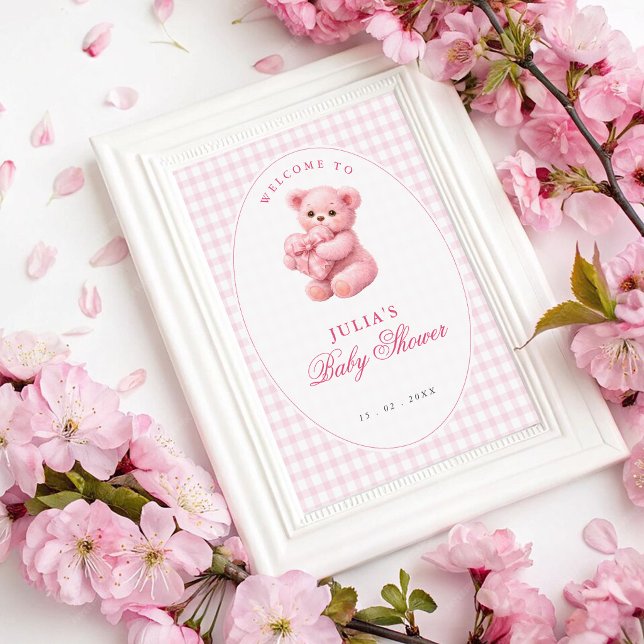Poster Chá de Bebê do Ursinho de Gingham Rosa Pequeno Cor (Criador carregado)