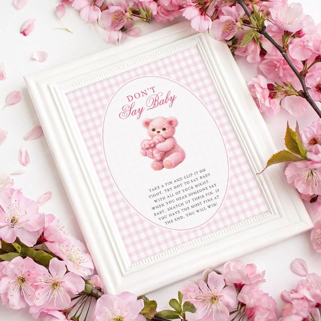 Poster Chá de Bebê do Ursinho de Gingham Rosa Pequeno Cor (Criador carregado)