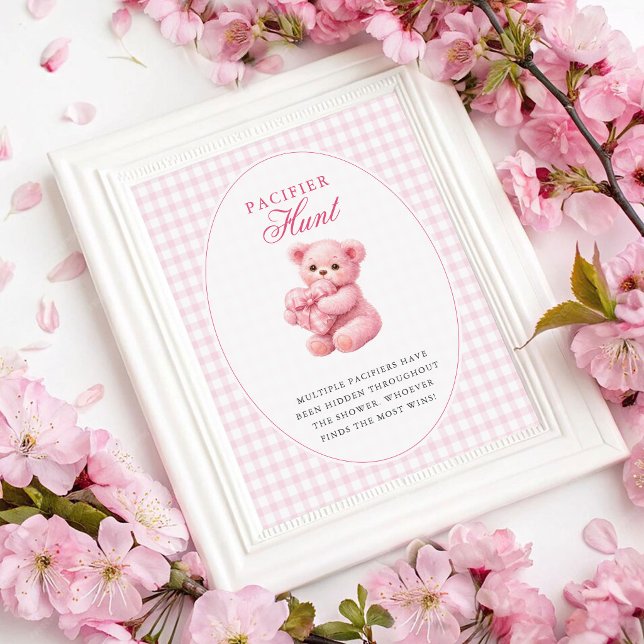 Poster Chá de Bebê do Ursinho de Gingham Rosa Pequeno Cor (Criador carregado)