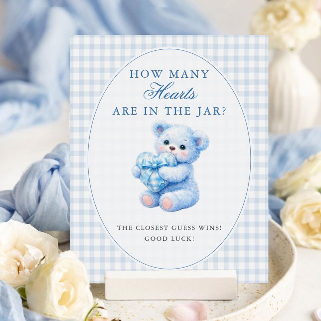 Poster Chá de Bebê do Ursinho Little Heart Blue Gingham (Criador carregado)