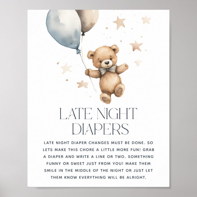 Poster Chá de Bebê do Ursinho Teddy 'Fralda Noturna' (Frente)