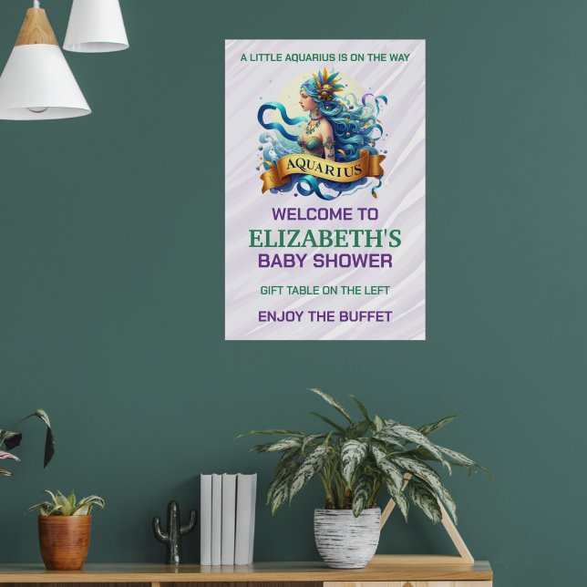 Poster Chá de Bebê do Zodíaco Aquário Lavanda e Verde (Sala de Estar 1)