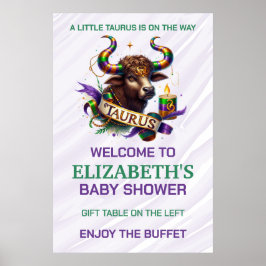 Poster Chá de Bebê do Zodíaco Touro Lavanda e Verde