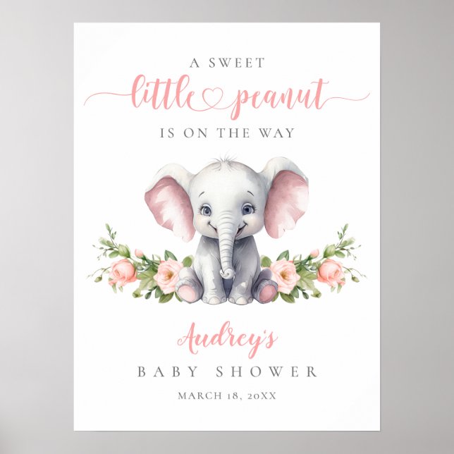 Poster Chá de Bebê Elefante Floral Rosa Bem-vindo (Frente)