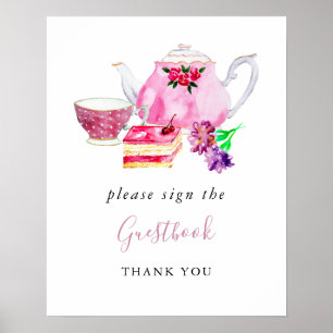 Poster Chá de Bebê Festa do Chá Rosa Assine o Livro de Pr