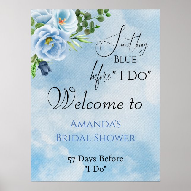 Poster Chá de Bebê Floral Azul Elegante (Frente)