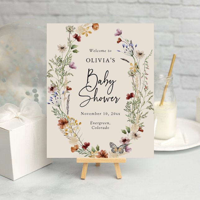 Poster Chá de Bebê Floral Boho (Boho Wildflower Floral Baby Shower Poster by Painted Paperie
)