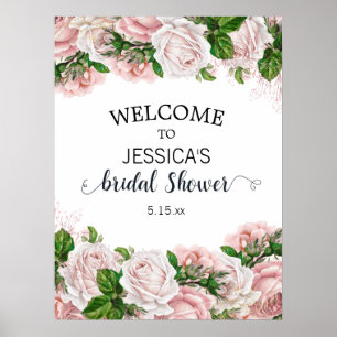 Poster Chá de Bebê Floral em Aquarela Rosa Elegante