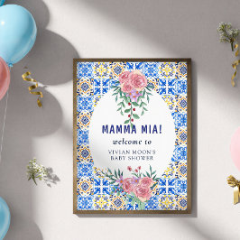 Poster Chá de Bebê Italiano Azulejo Azul Mamma Mia