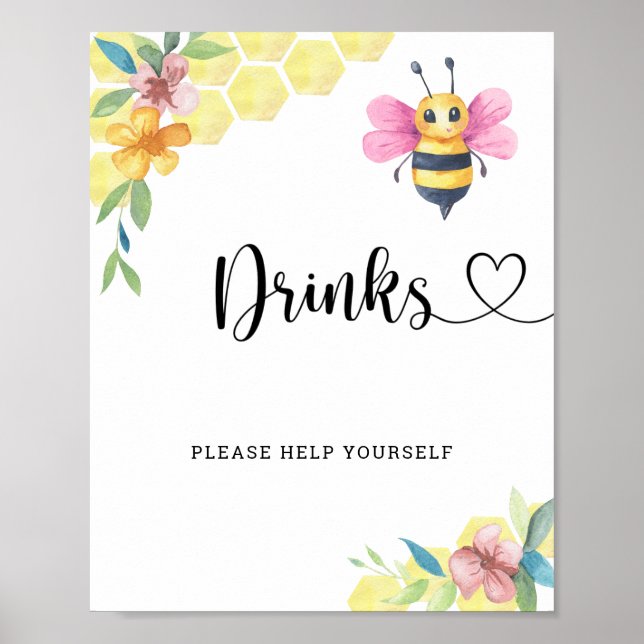 Poster Chá de Bebê Menina Abelha - Bebidas sirvam-se  (Frente)