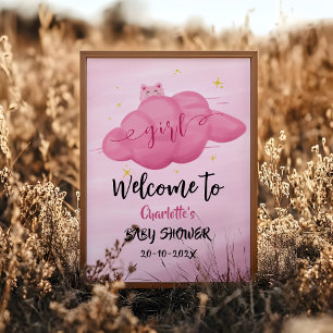 Poster Chá de Bebê Menina Nuvem Aquarela Adorável Bem-vin