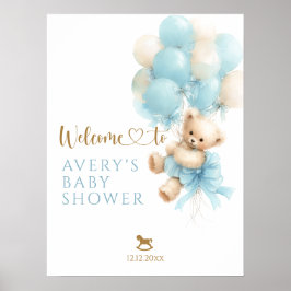 Poster Chá de Bebê Menino Arco Balão Azul Urso de Pelúcia