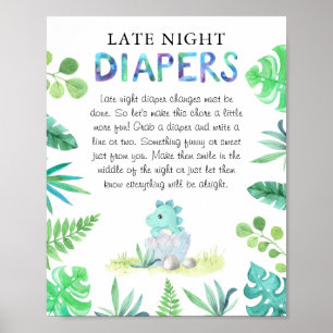 Poster Chá de Bebê Menino Dinossauro Fofo 'Fralda Noturna