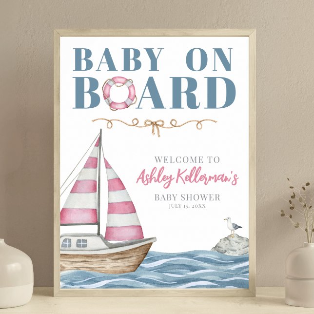 Poster Chá de Bebê Náutico Rosa (Pink Nautical Baby Shower Poster )