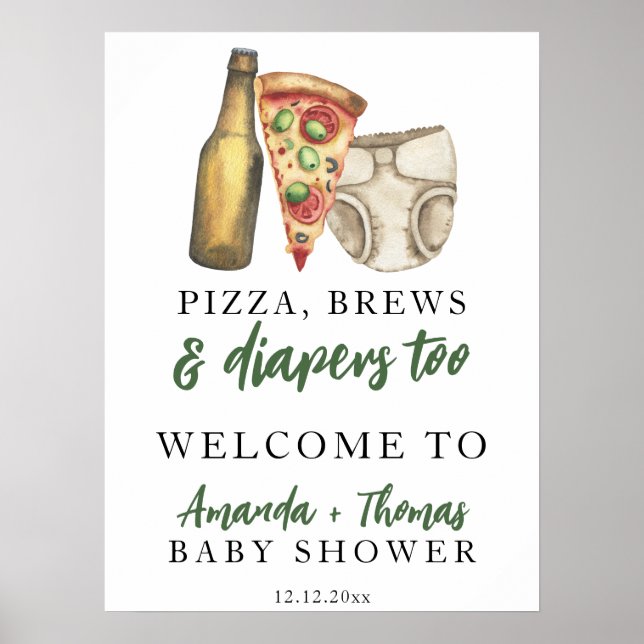 Poster Chá de bebê Pizza, Cervejas e Fraldas também (Frente)