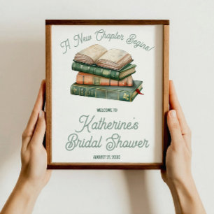 Poster Chá de Bebê Rosa Temático de Livros em Verde Salvi