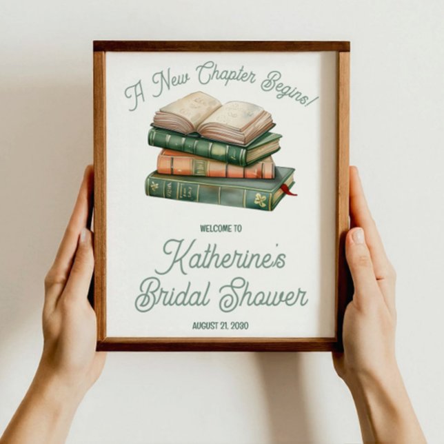 Poster Chá de Bebê Rosa Temático de Livros em Verde Salvi (Criador carregado)