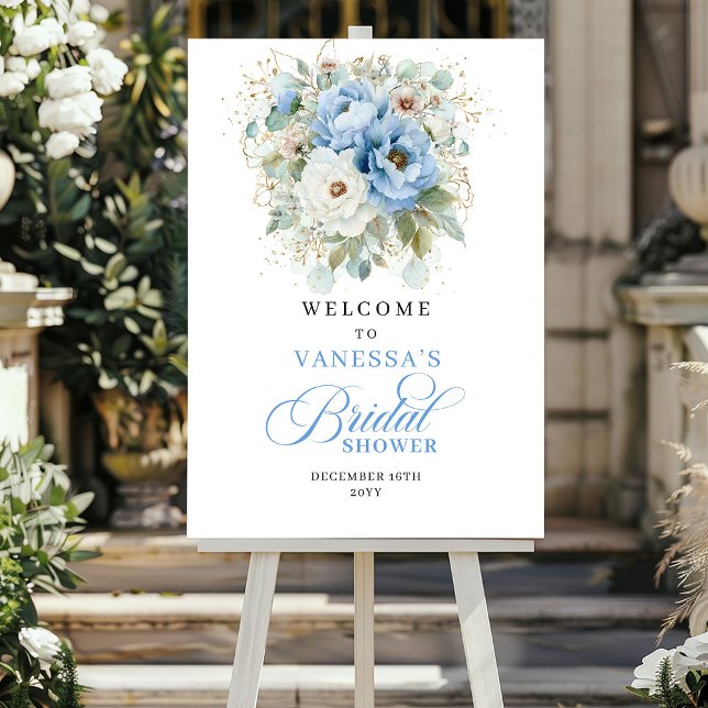 Poster Chá de Bebê Rústico Azul e Dourado Bem-Vindo (Rustic Blue and Gold Bridal Shower Welcome)
