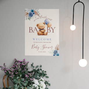 Poster Chá de Bebê Teddy Bear Boho Rosa Azul Balão