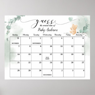 Poster Chá De Bebê-Urso Adivinha Calendário De Data De