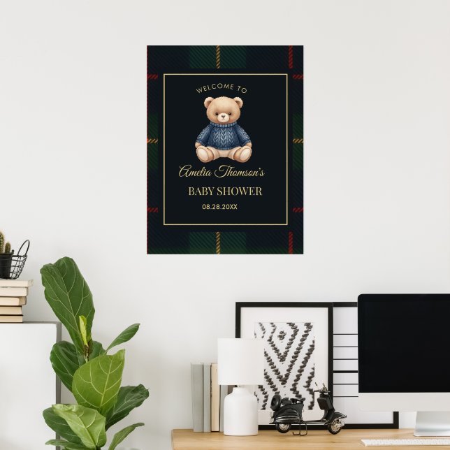 Poster Chá de Bebê Xadrez Préppy Urso Teddy Clássico Polo (Escritório em casa)