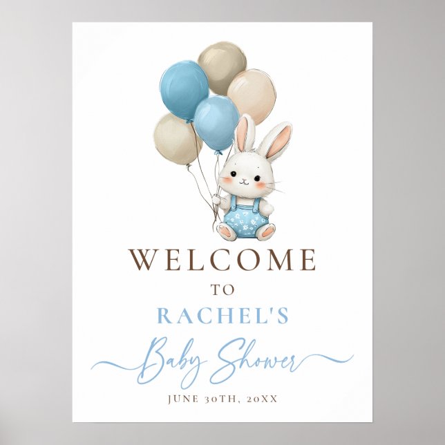 Poster Chá de Bunny Rabbit Balloon Blue Baby Boy Bem-vind (Frente)