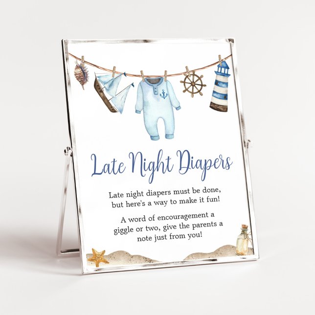 Poster Chá de fraldas Ahoy Fralda Noite Atrasada (Nautical Ahoy Baby Shower Late Night Diapers Sign)