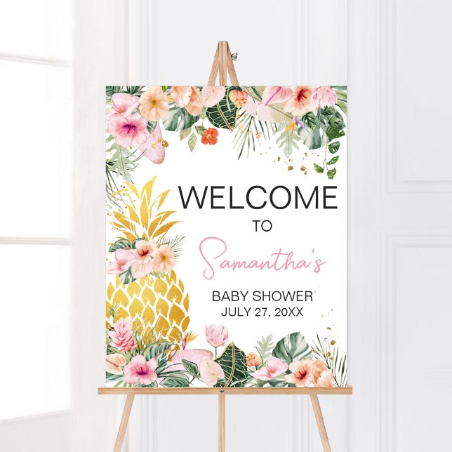 Poster Chá de fraldas Aloha Pineapple de Boas-vindas (Floral Aloha Baby Shower Welcome Sign)