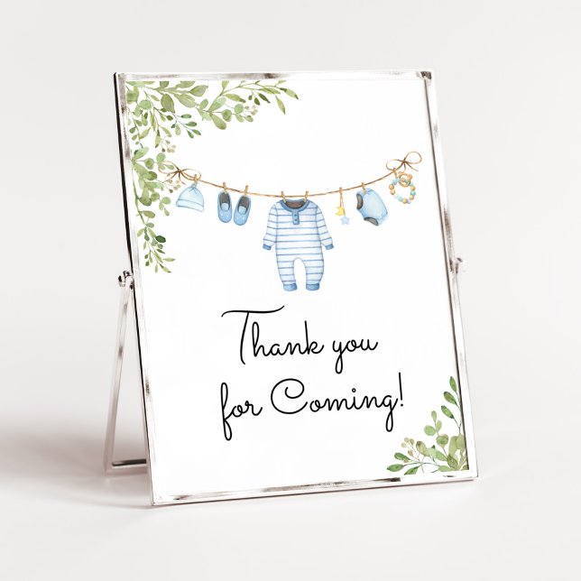 Poster Chá de fraldas Azul De Roupas De Bebê Obrigado Por (Boho Baby Clothes Baby Shower Thank You for Coming Sign)