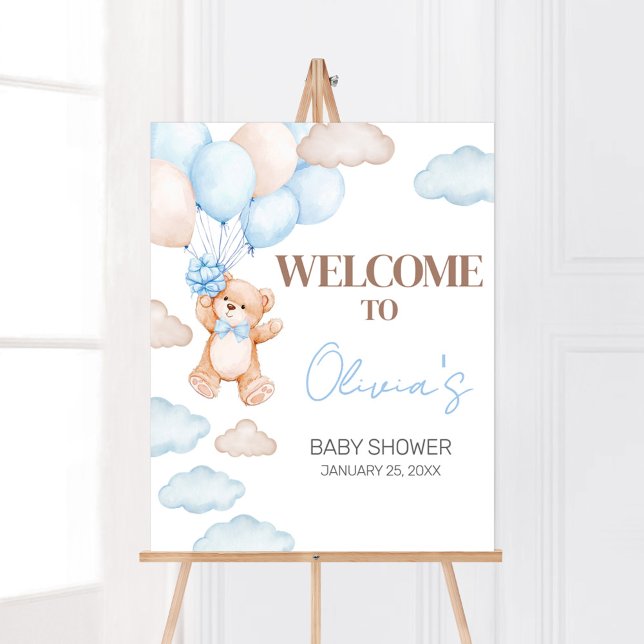 Poster Chá de fraldas Balão de Urso Azul Bem-vindo (Blue Baby Bear Balloon Baby Shower Welcome Sign)