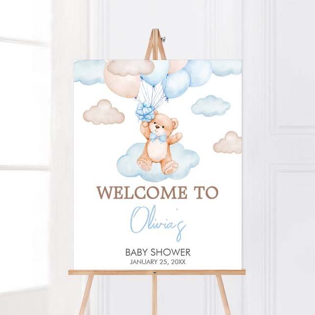 Poster Chá de fraldas Balão de Urso Azul Bem-vindo (Blue Bear Balloon Baby Shower Welcome Sign)