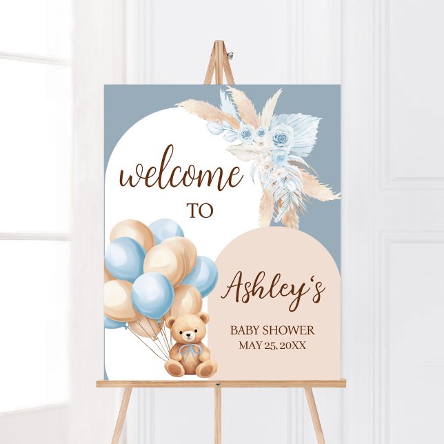 Poster Chá de fraldas Balão do Urso Azul Boho Bem-vindo (Boy Bear Arch Balloon Baby Shower Welcome Sign)