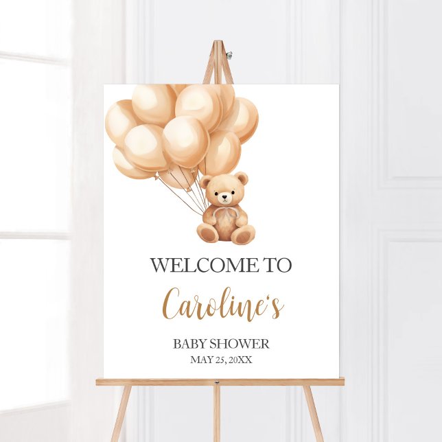 Poster Chá de fraldas Bear Brown Balloon Bem-vindo (We Can Bearly Wait Baby Shower Welcome Sign)