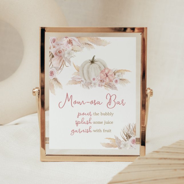 Poster Chá de fraldas Boho Dusty Rosa Pumpkin Mãe Bar Osa (Pink Floral Pumpkin Baby Shower Mom Osa Bar Sign)