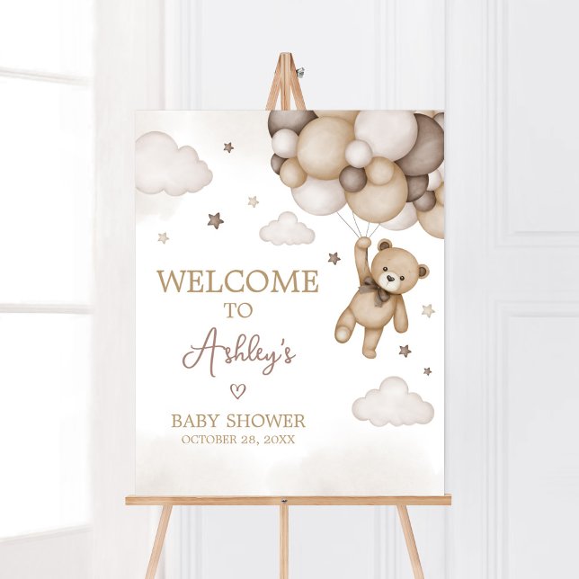 Poster Chá de fraldas Brown Bear Balloon Bem-vindo (Brown Boho Bear Baby Shower  Welcome Sign)