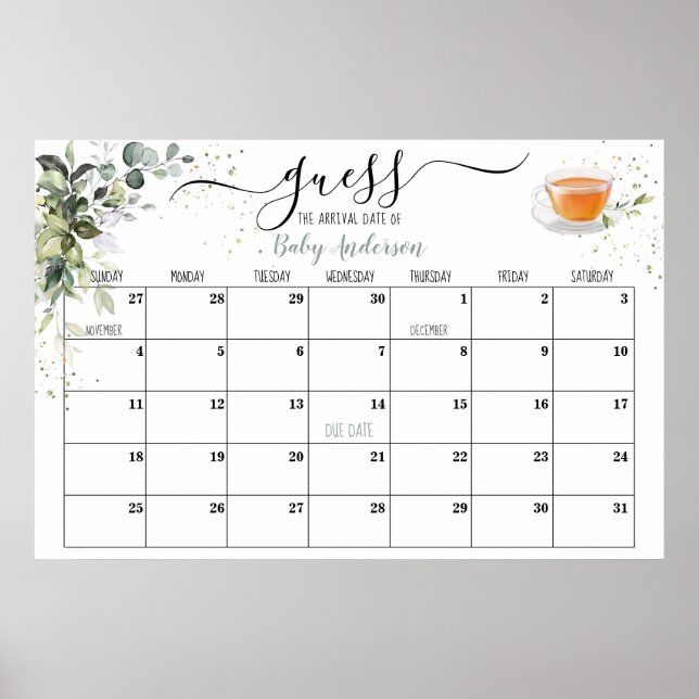 Poster Chá de fraldas Calendário de Data de Vencimento do (Frente)