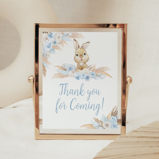 Poster Chá de fraldas Coelhinho Blue Boho Obrigado por vi (Pampas Grass Boy Bunny Baby Shower Thank you for Coming Sign)