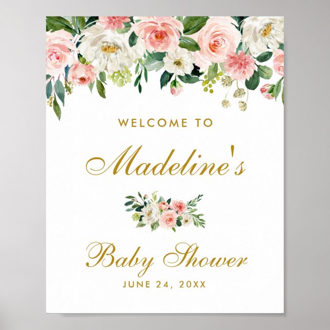 Poster Chá de fraldas Cor-de-rosa Blush Dourado Floral (Frente)