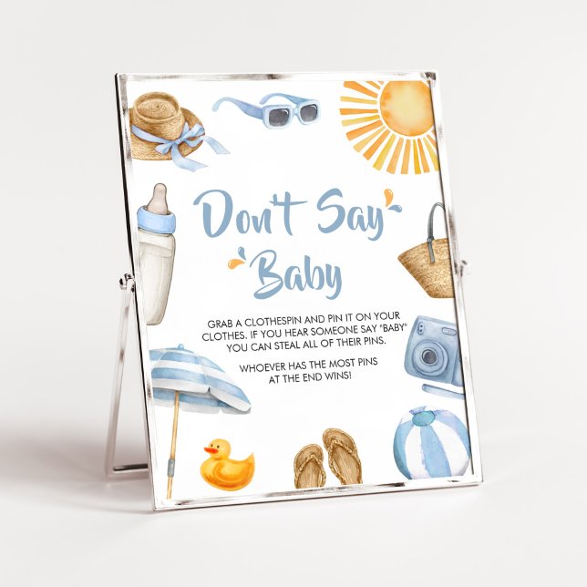 Poster Chá de fraldas de abertura azul Não diga bebê (Boy Summer Beach Baby Shower Don't Say Baby Sign)