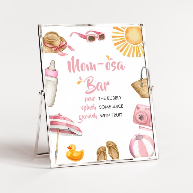 Poster Chá de fraldas de abertura rosa  mãe Osa Bar (Girl Summer Beach Baby Shower Mom Osa Bar Sign)