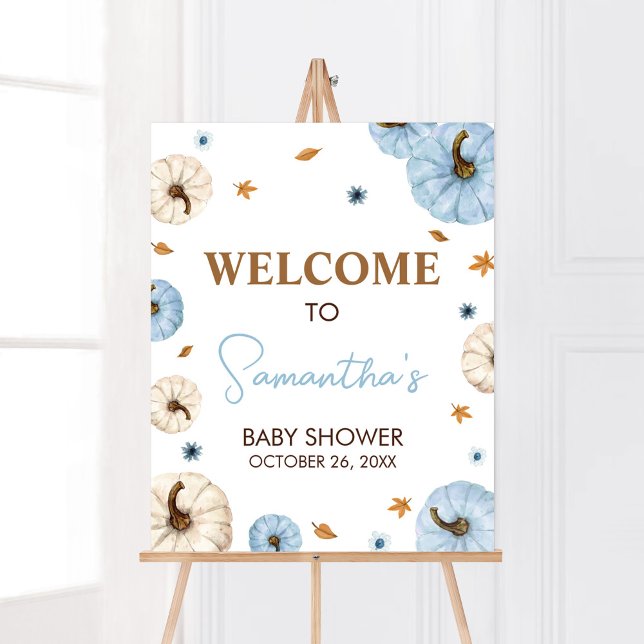 Poster Chá de fraldas de Abóbora de Queda Azul Bem-vindo (Boy A Little Pumpkin Baby Shower Welcome Sign)
