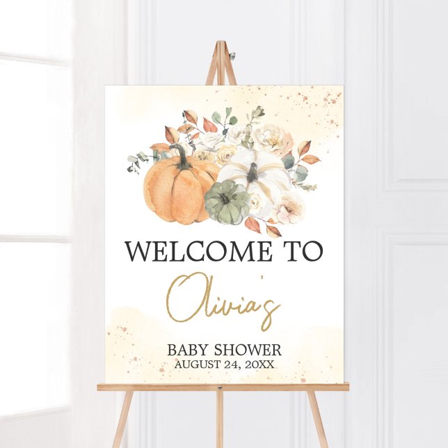 Poster Chá de fraldas de Abóbora Floral de outono (A Little Pumpkin Baby Shower Welcome Sign)
