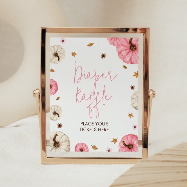 Poster Chá de fraldas de abóbora rosa Fralda de abóbora (Girl Fall Pumpkin Baby Shower Diaper Raffle Sign)