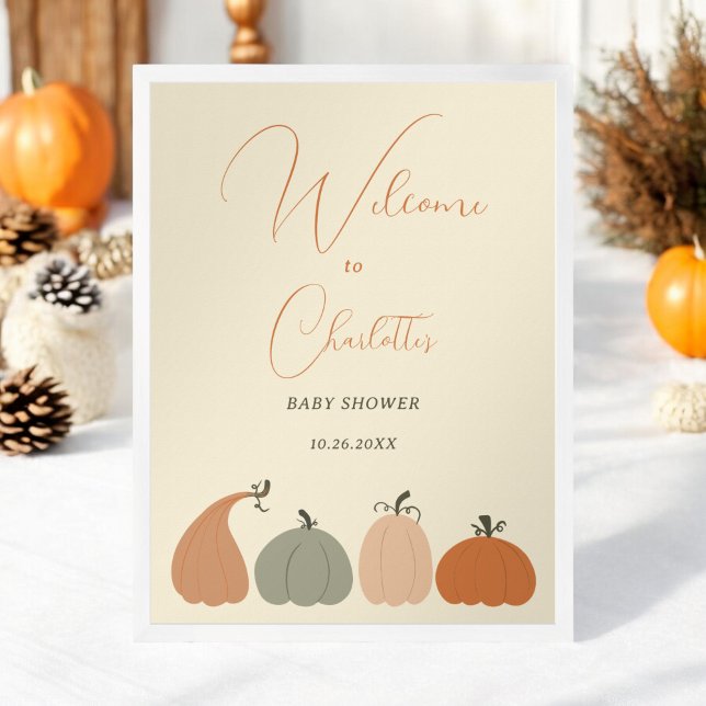 Poster Chá de fraldas de Abóbora Rústica de Queda Neutra (Rustic Neutral Fall Pumpkin Baby Shower Welcome Poster)