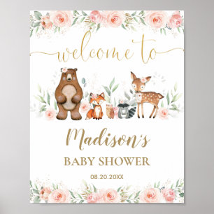 Poster Chá de fraldas de Animais da Floresta Floral Rosa