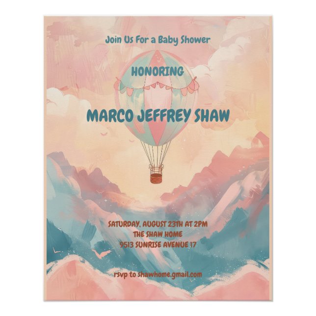 Póster Chá de fraldas de Aquarela do Balão de Ar Quente (Frente)