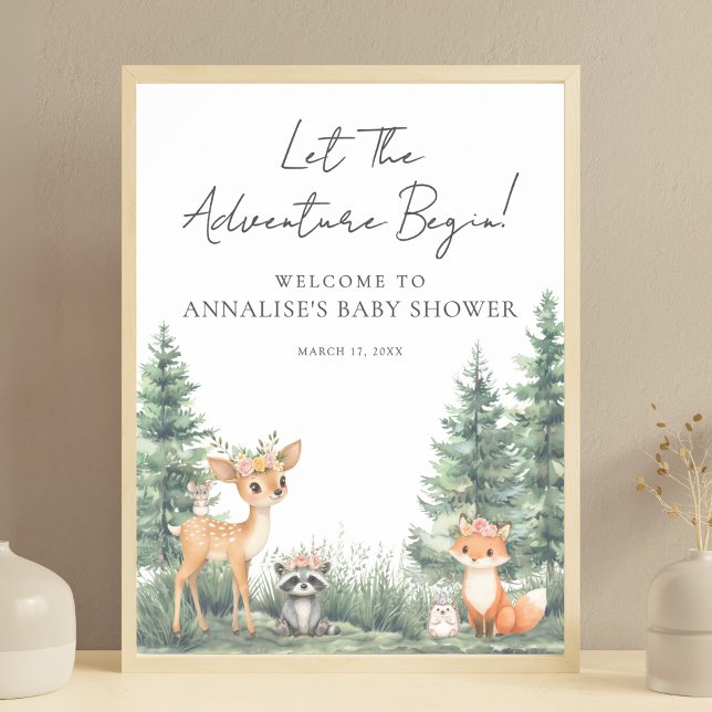 Poster Chá de fraldas de Aventura de Animais da Floresta  (Woodland Forest Animals Adventure Baby Shower Poster)