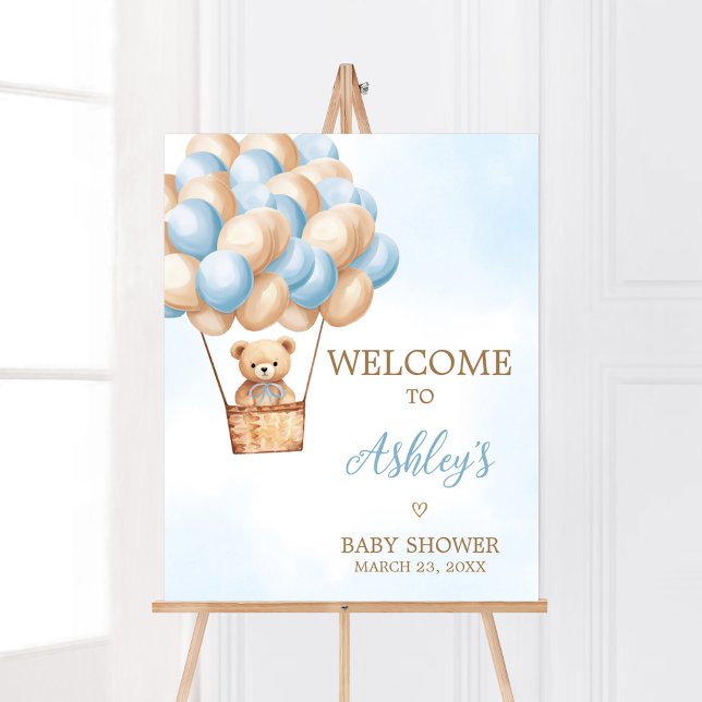 Poster Chá de fraldas de Balão de Ar Quente do Blue Bear (Boy Boho Bear Baby Shower Welcome Sign)
