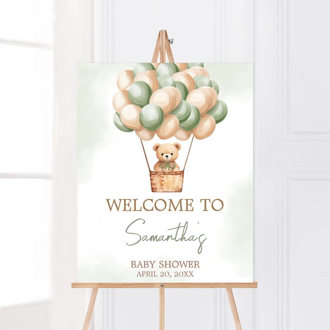 Poster Chá de fraldas de Balão de Ar Quente do Green Bear (Gender Neutral Baby Bear Balloons Baby Shower Welcome Sign)