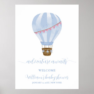 Poster Chá de fraldas de balão de ar quente mínimo azul b